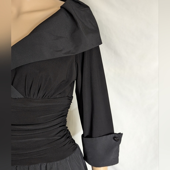 Eliza J Fit And Flare Black Dress Portrait Collar V Neck Sz 8 Cuffed 3/4 Sleeves - Picture 4 of 8